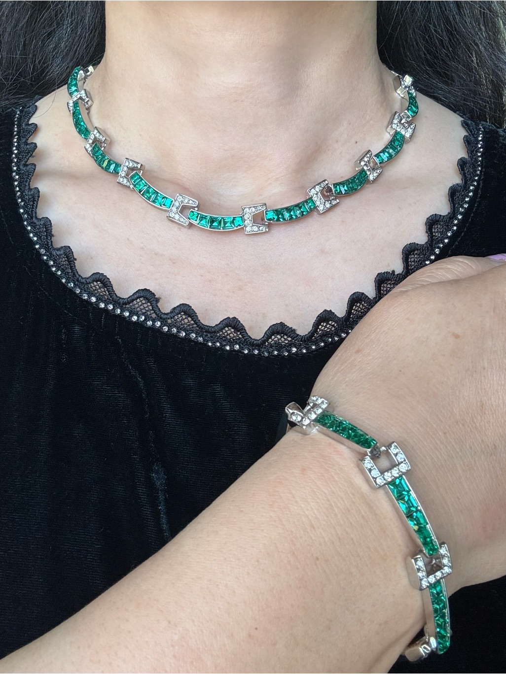 Vintage Art Deco Emerald Green Crystal Geometric Necklace & Bracelet Set